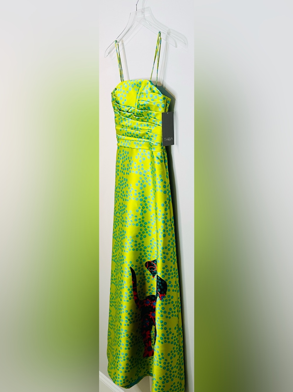 Theia Lime Green Spotted Puppy Dog Satin Formal Strapless Gown Dress - Picture 4 of 11